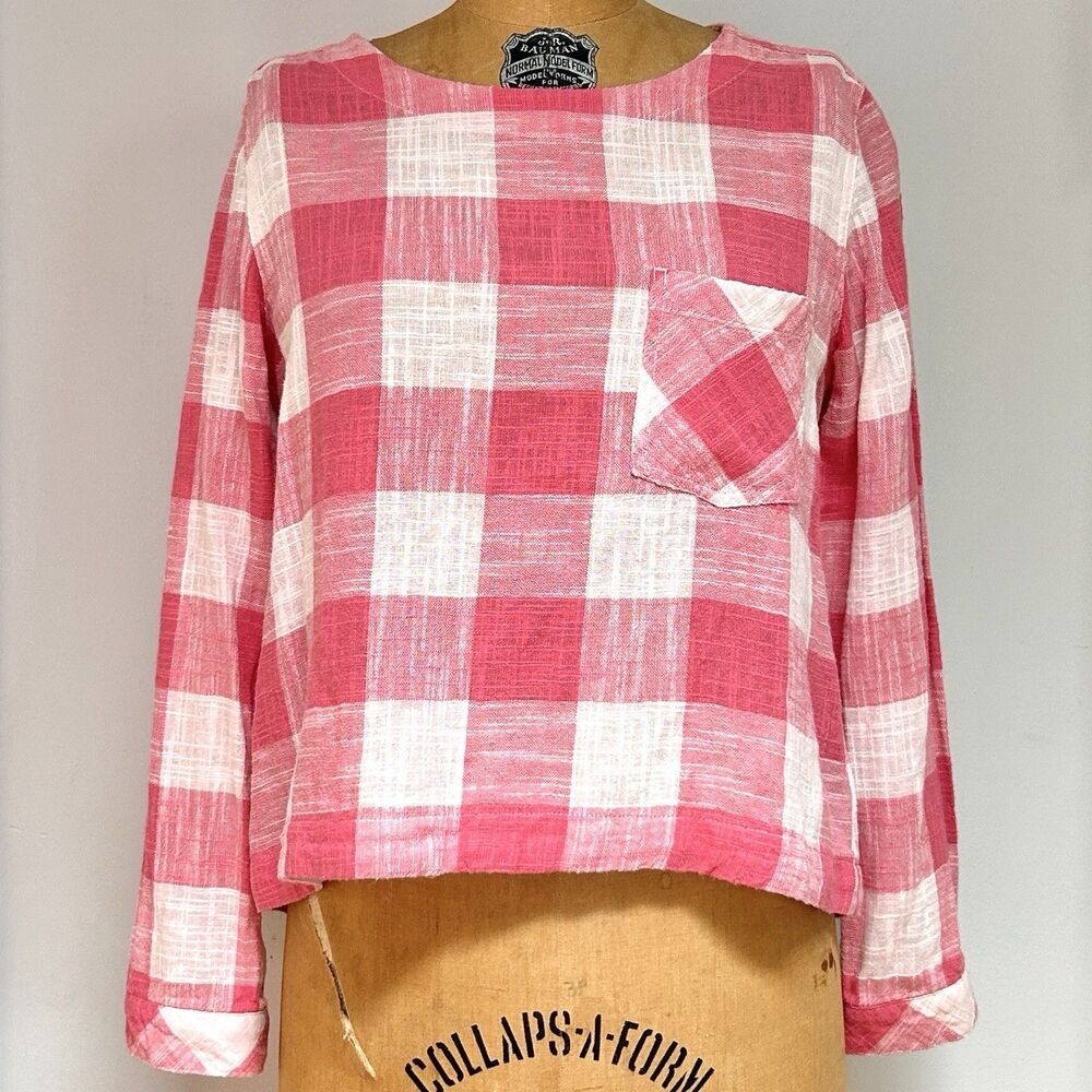 Cloth & Stone Anthropologie Pink Plaid Linen Blend Hi Low Top Small